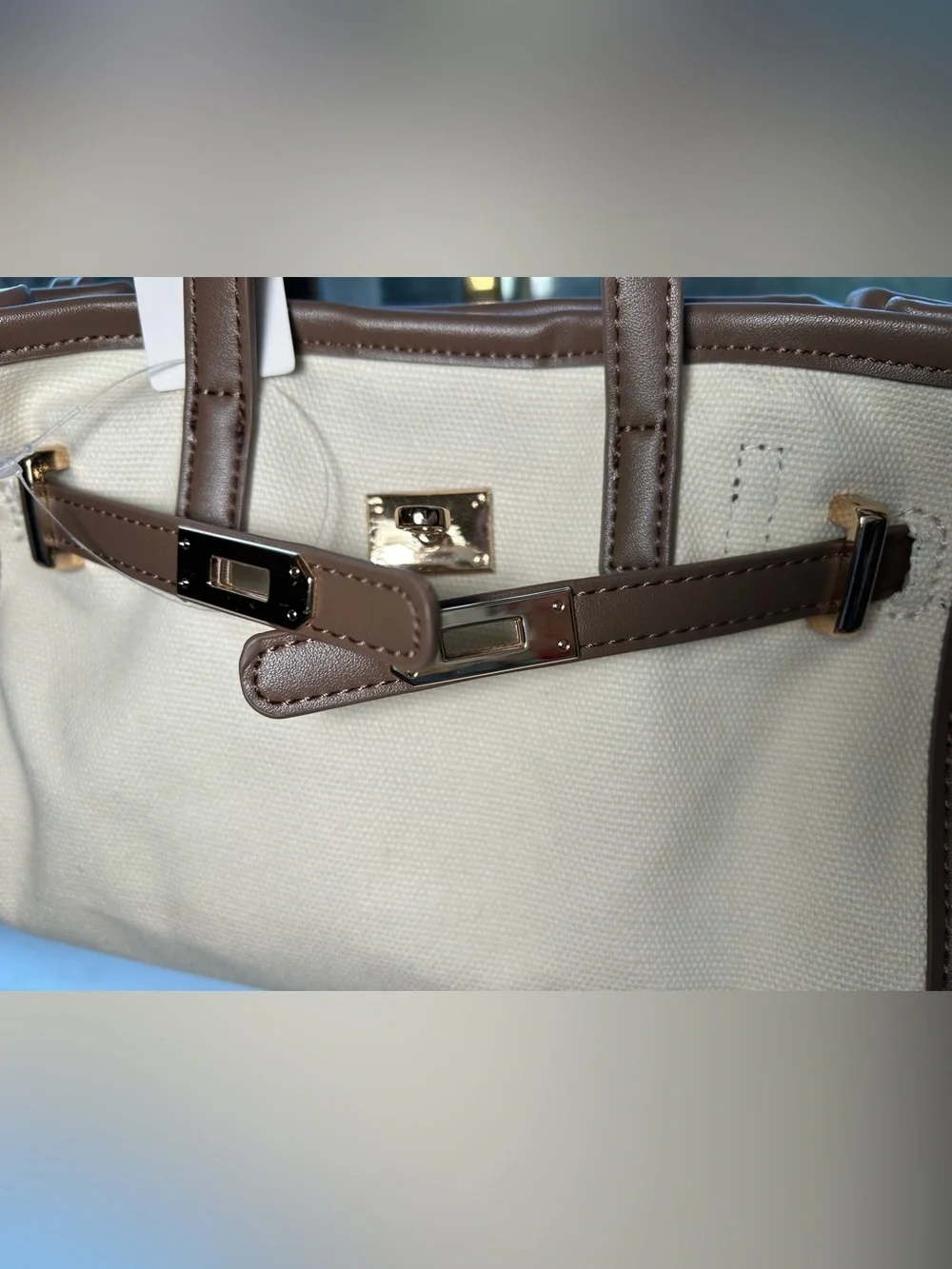NWT🌷Anthropologie Cream Canvas Tote with Brown Trim and Gold Lock Hardware